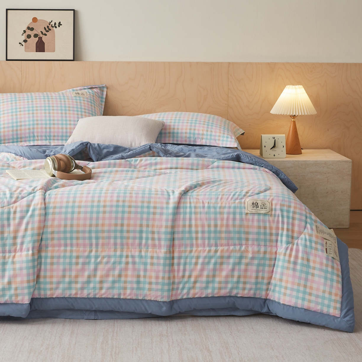 91家纺网 家纺一手货源 找家纺 帕芬鸟家纺 2026新款100%棉花夏凉被空调被夏被四件套-格子系列 冰激凌格