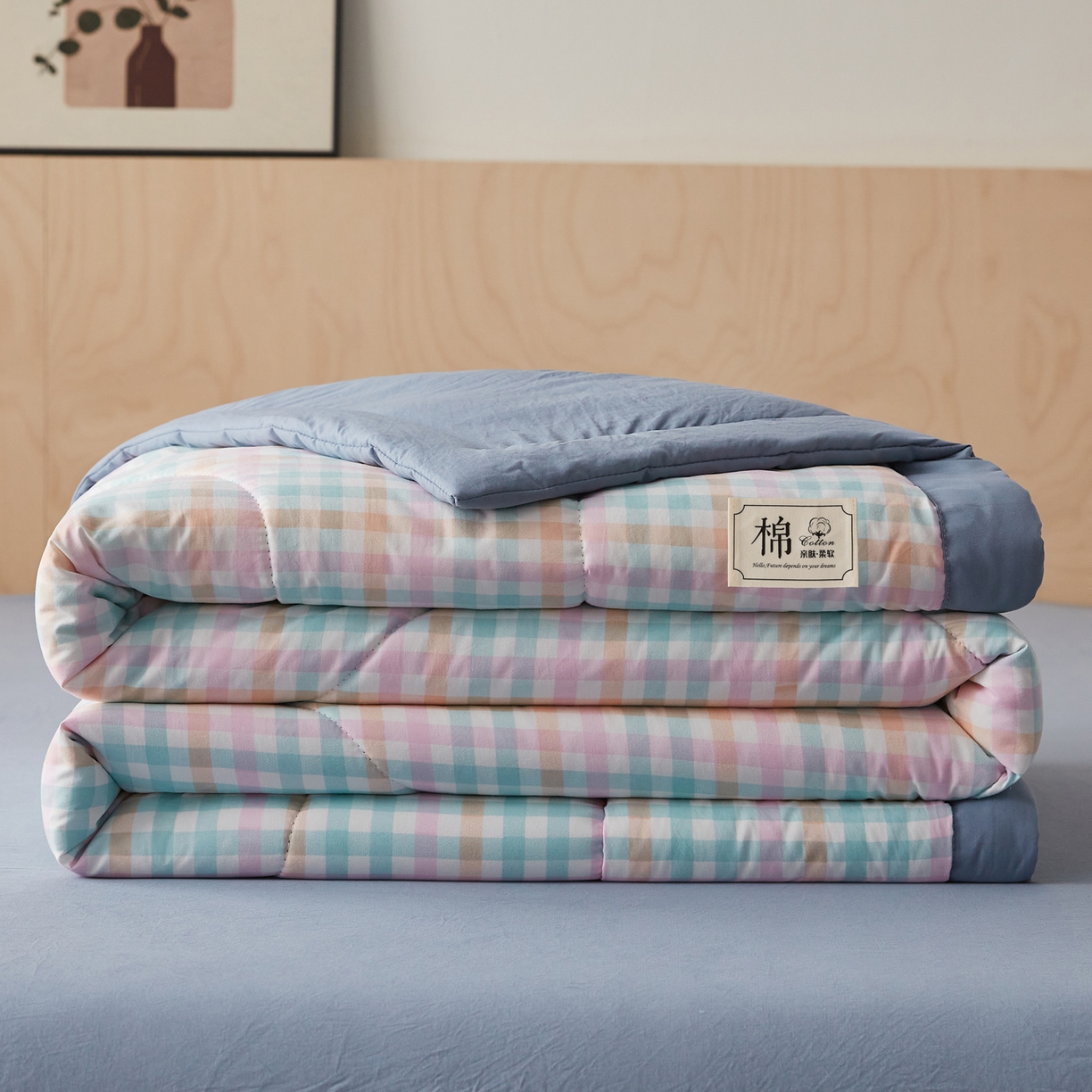 91家纺网 家纺一手货源 找家纺 帕芬鸟家纺 2026新款100%棉花夏凉被空调被夏被四件套-格子系列 冰激凌格