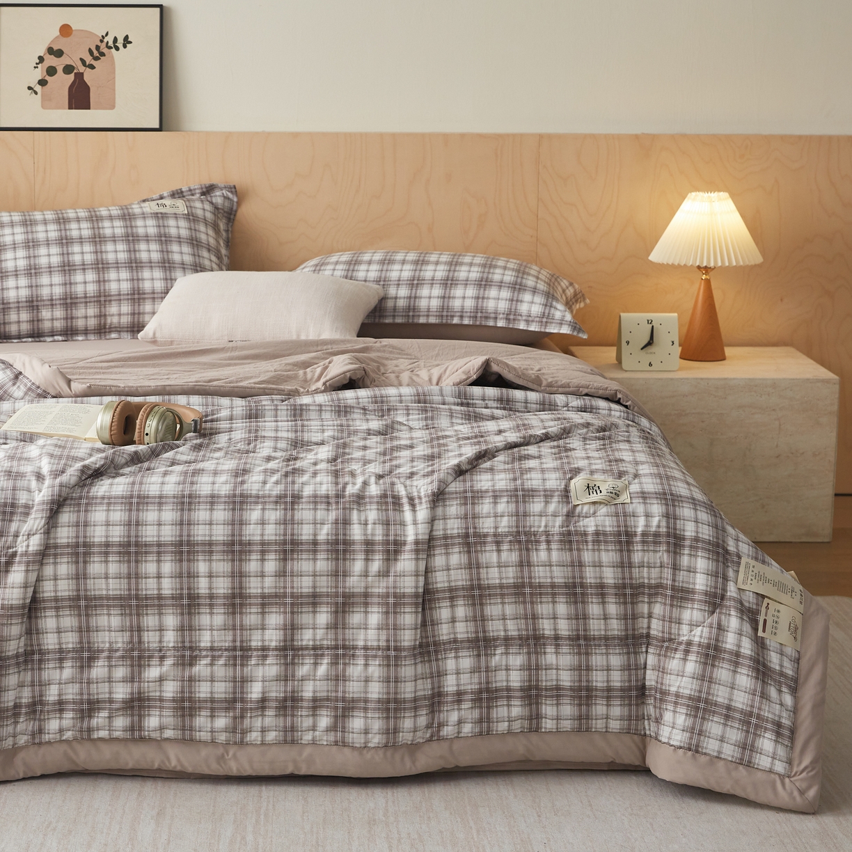 91家纺网 家纺一手货源 找家纺 帕芬鸟家纺 2026新款100%棉花夏凉被空调被夏被四件套-格子系列 格雅灰