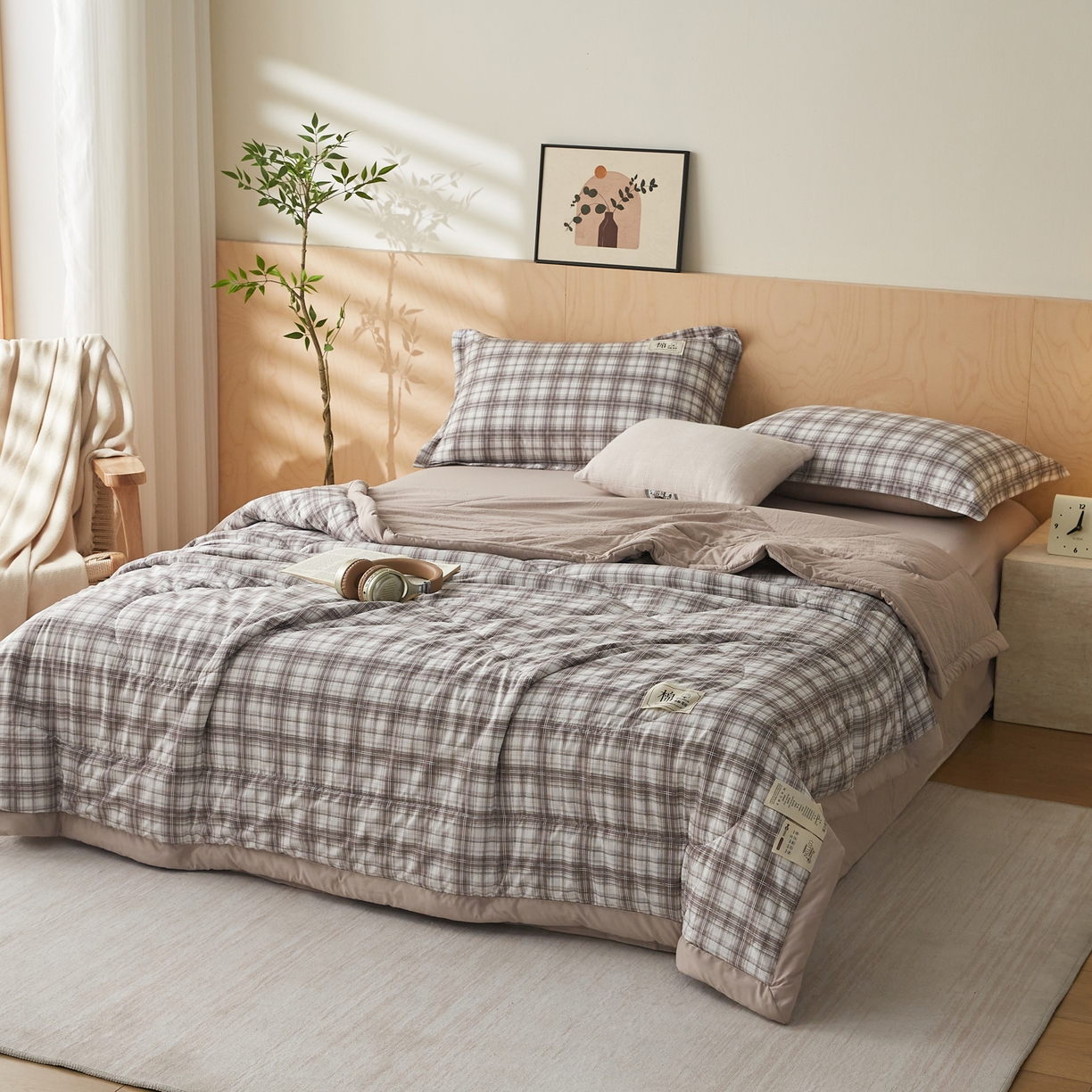 91家纺网 家纺一手货源 找家纺 帕芬鸟家纺 2026新款100%棉花夏凉被空调被夏被四件套-格子系列 格雅灰