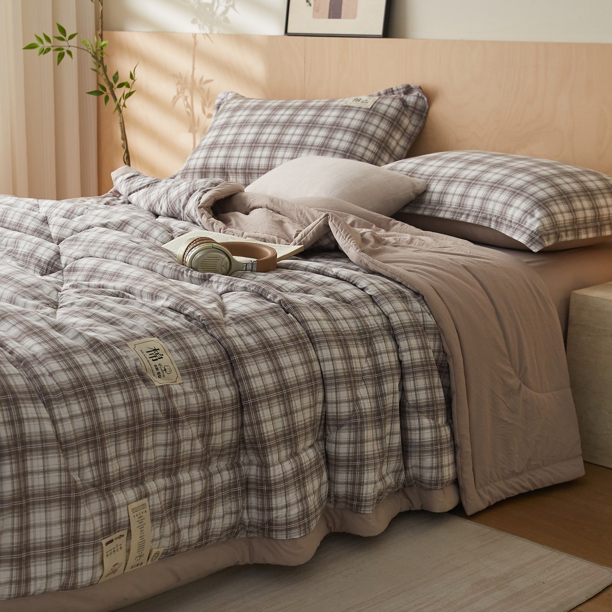 91家纺网 家纺一手货源 找家纺 帕芬鸟家纺 2026新款100%棉花夏凉被空调被夏被四件套-格子系列 格雅灰