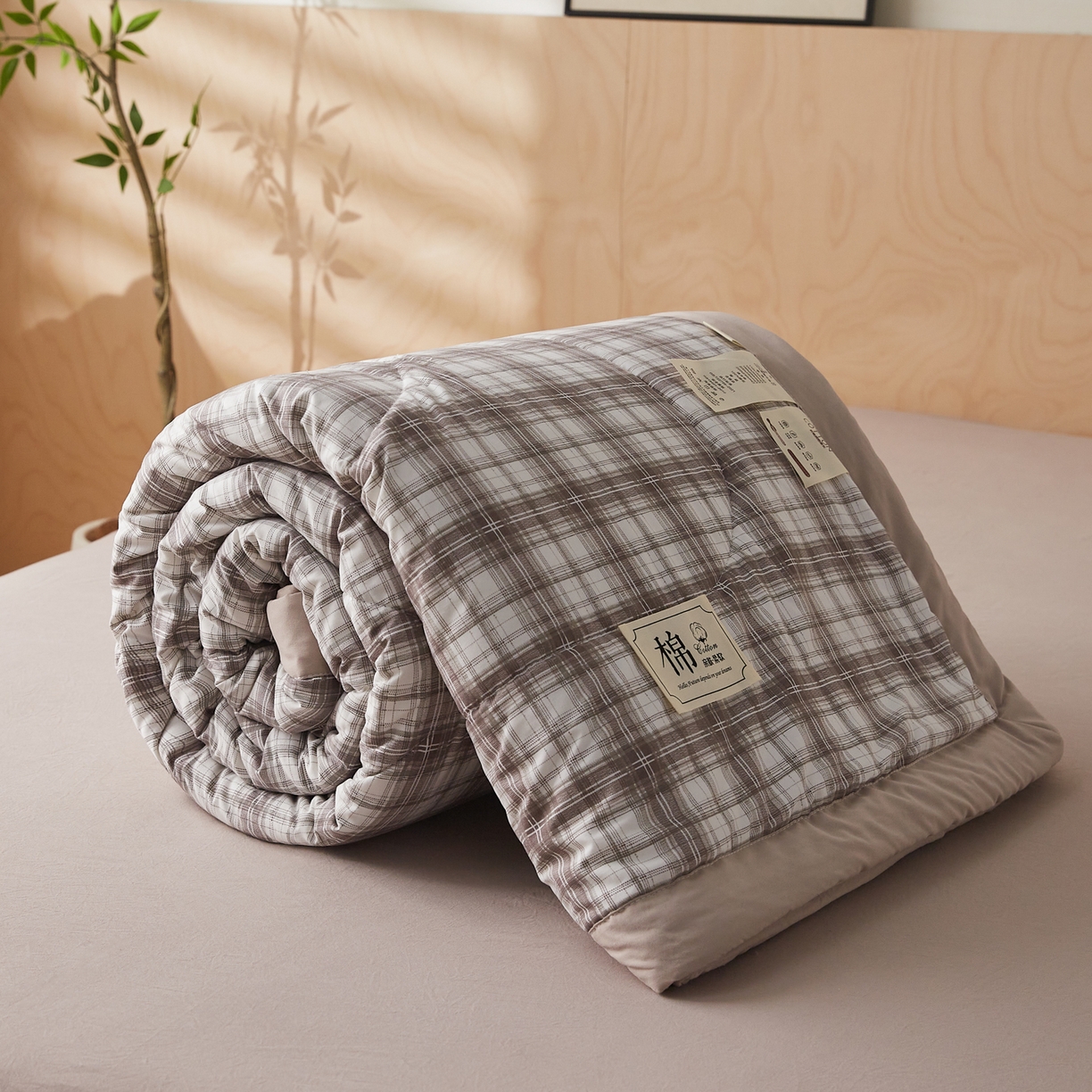 91家纺网 家纺一手货源 找家纺 帕芬鸟家纺 2026新款100%棉花夏凉被空调被夏被四件套-格子系列 格雅灰