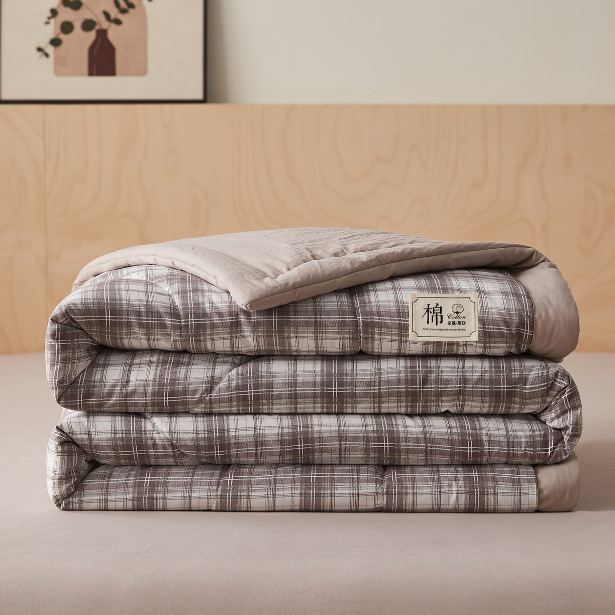 91家纺网 家纺一手货源 找家纺 帕芬鸟家纺 2026新款100%棉花夏凉被空调被夏被四件套-格子系列 格雅灰