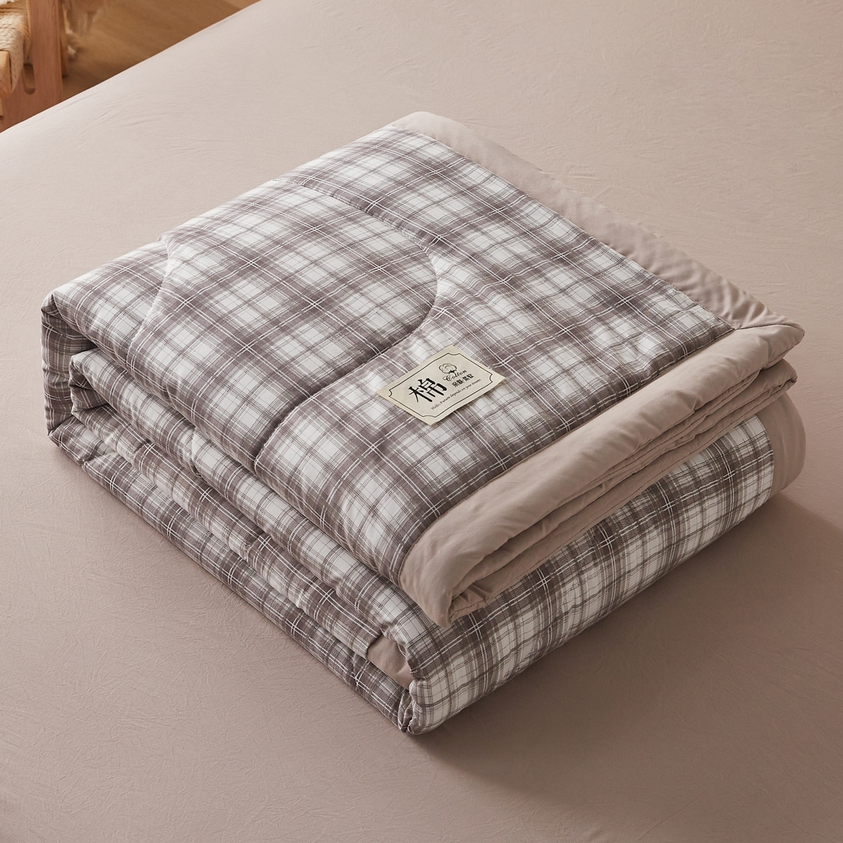 91家纺网 家纺一手货源 找家纺 帕芬鸟家纺 2026新款100%棉花夏凉被空调被夏被四件套-格子系列 格雅灰