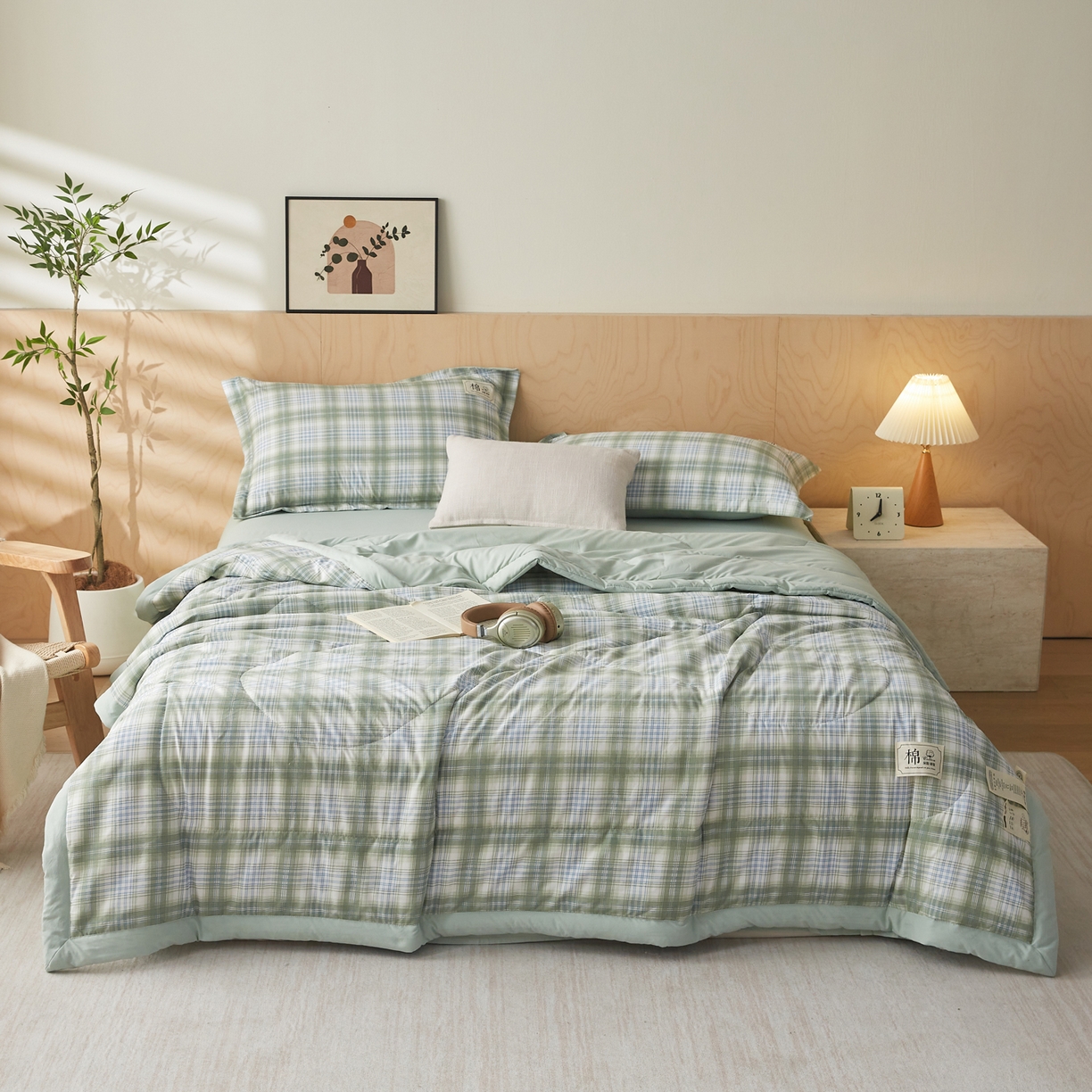 91家纺网 家纺一手货源 找家纺 帕芬鸟家纺 2026新款100%棉花夏凉被空调被夏被四件套-格子系列 格雅绿
