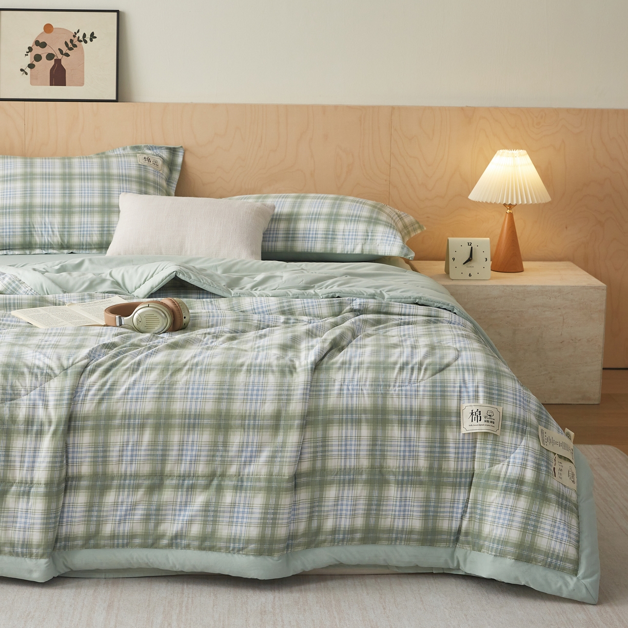91家纺网 家纺一手货源 找家纺 帕芬鸟家纺 2026新款100%棉花夏凉被空调被夏被四件套-格子系列 格雅绿
