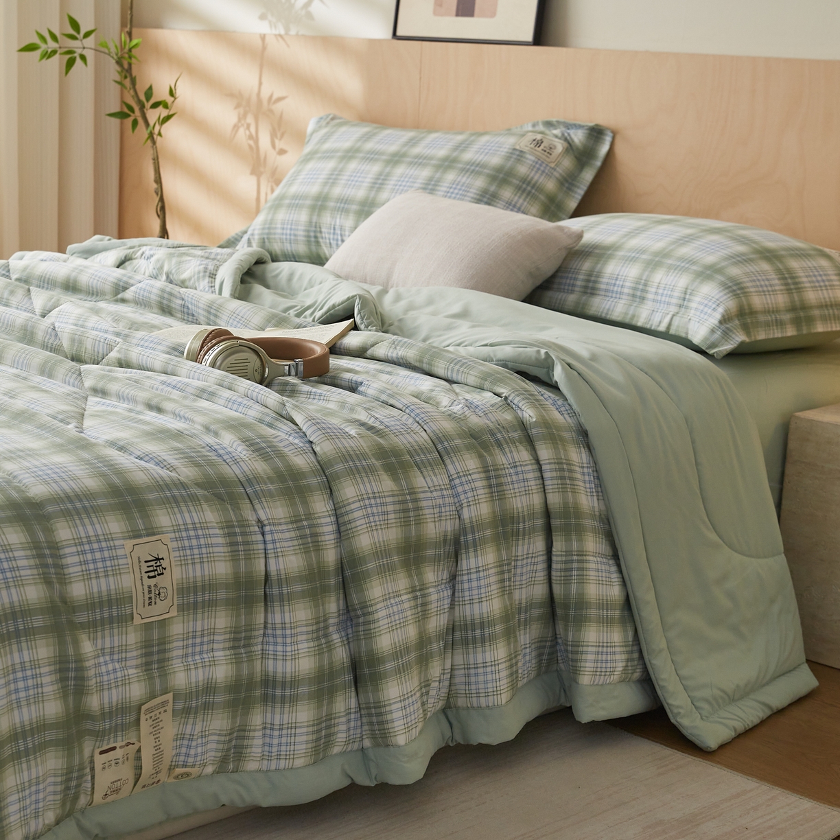 91家纺网 家纺一手货源 找家纺 帕芬鸟家纺 2026新款100%棉花夏凉被空调被夏被四件套-格子系列 格雅绿