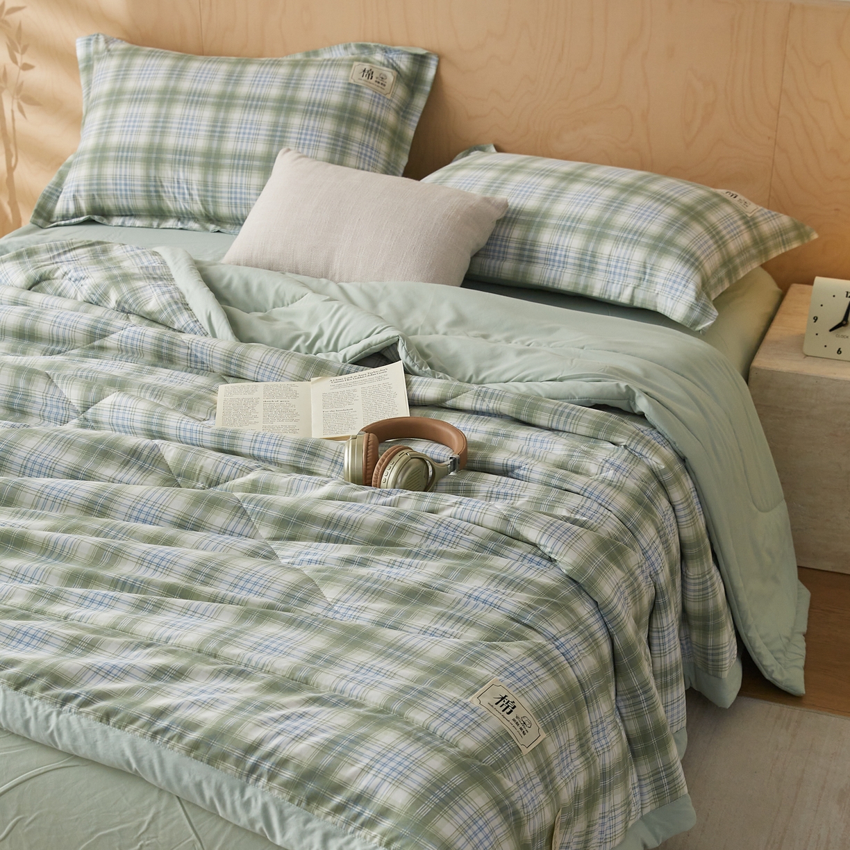91家纺网 家纺一手货源 找家纺 帕芬鸟家纺 2026新款100%棉花夏凉被空调被夏被四件套-格子系列 格雅绿