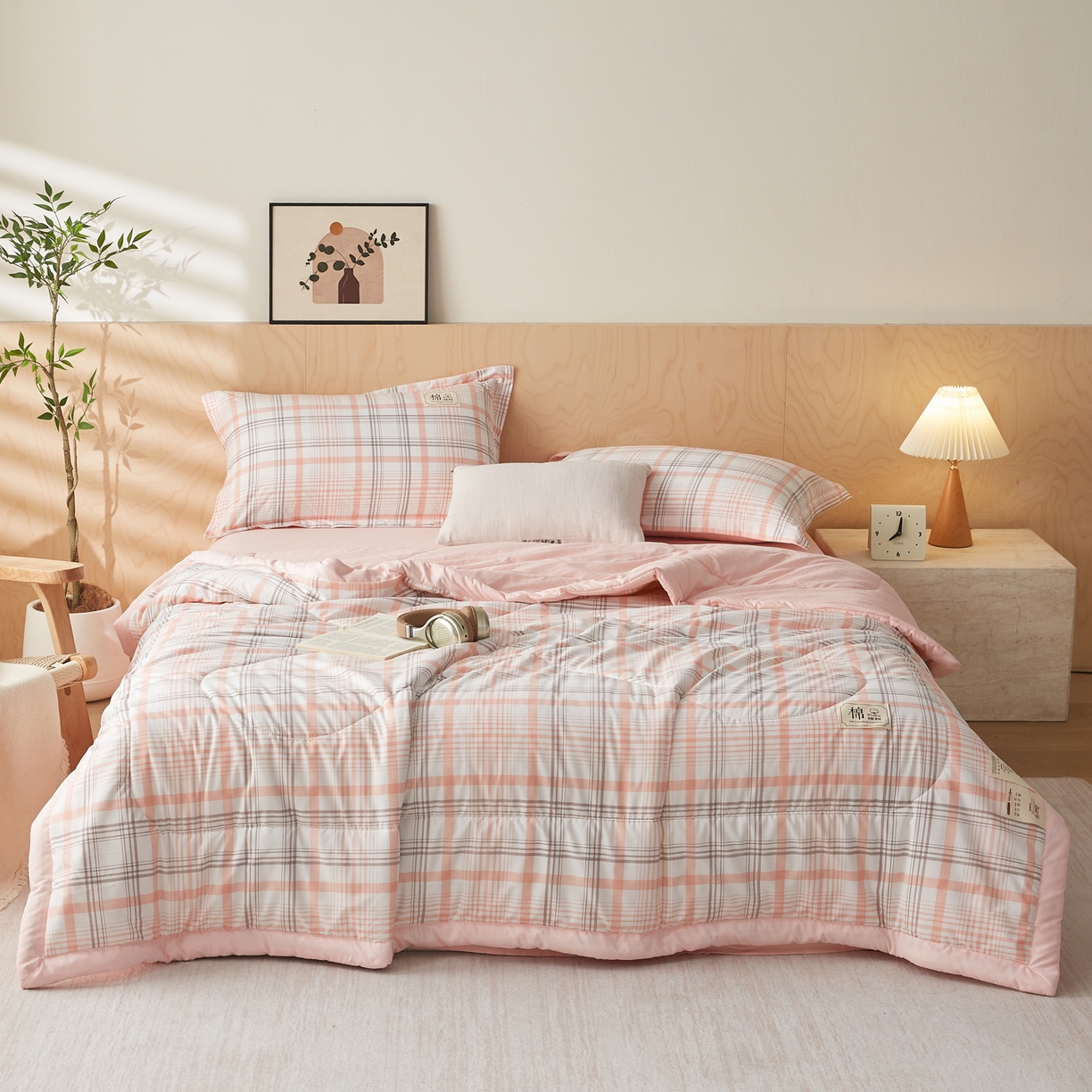 91家纺网 家纺一手货源 找家纺 帕芬鸟家纺 2026新款100%棉花夏凉被空调被夏被四件套-格子系列 格韵粉