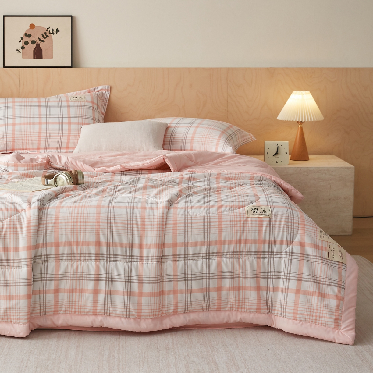91家纺网 家纺一手货源 找家纺 帕芬鸟家纺 2026新款100%棉花夏凉被空调被夏被四件套-格子系列 格韵粉