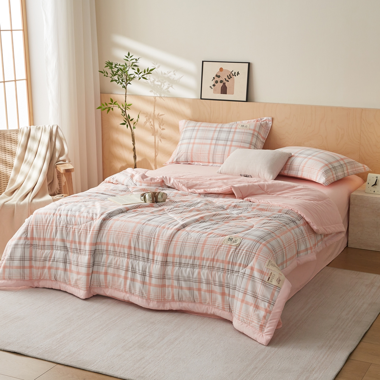 91家纺网 家纺一手货源 找家纺 帕芬鸟家纺 2026新款100%棉花夏凉被空调被夏被四件套-格子系列 格韵粉