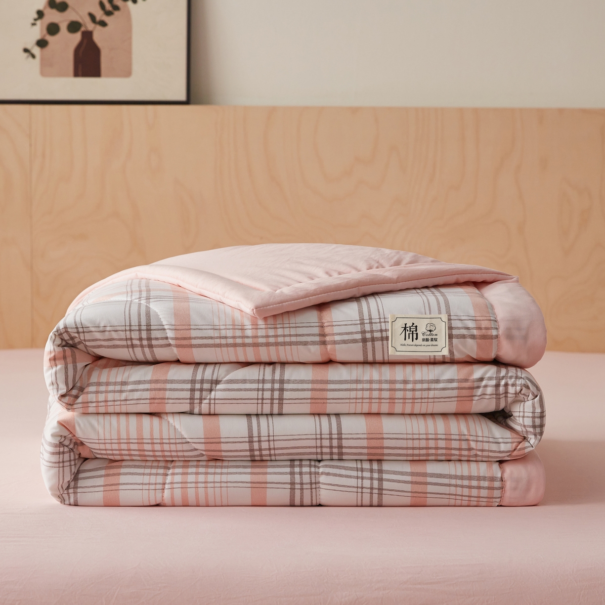 91家纺网 家纺一手货源 找家纺 帕芬鸟家纺 2026新款100%棉花夏凉被空调被夏被四件套-格子系列 格韵粉