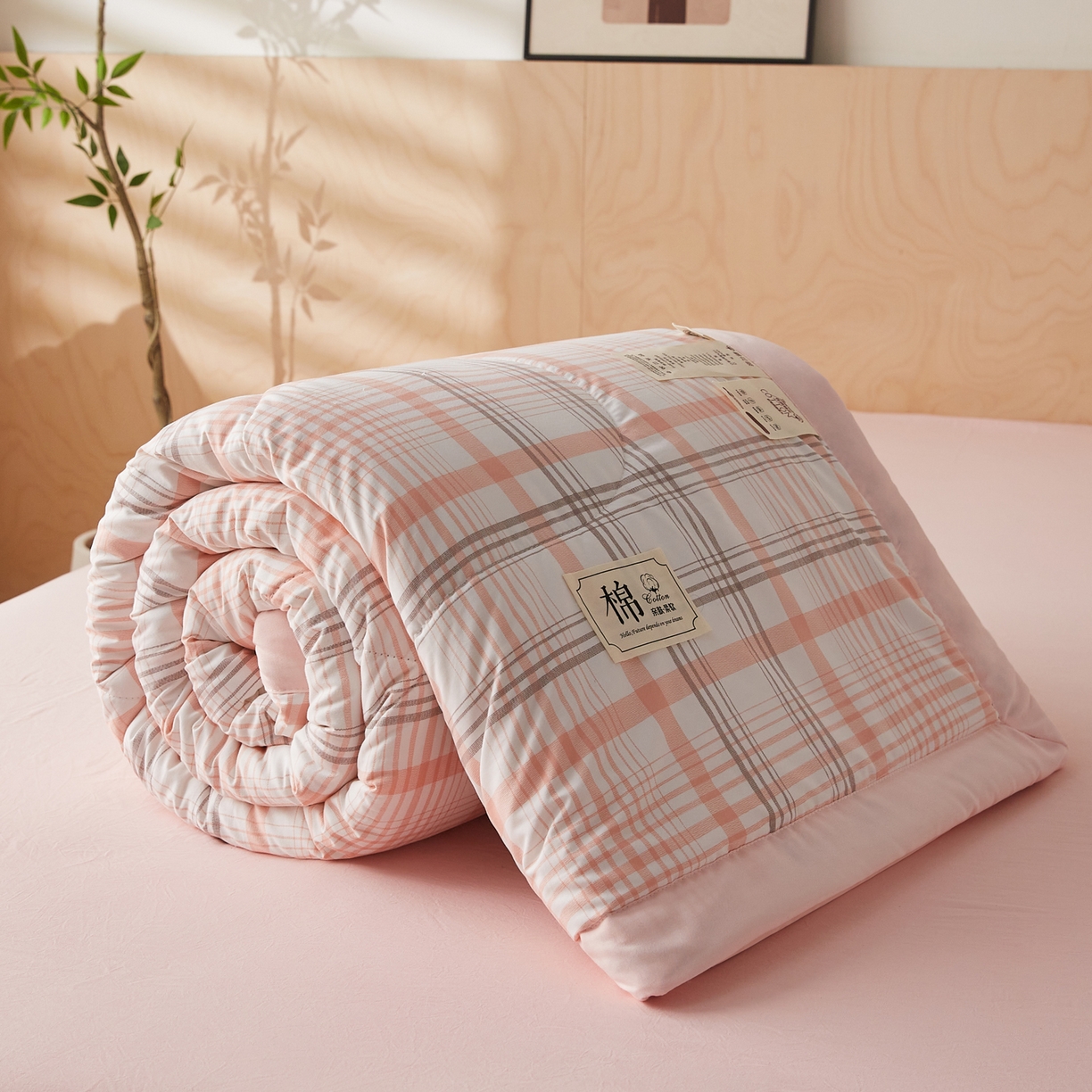 91家纺网 家纺一手货源 找家纺 帕芬鸟家纺 2026新款100%棉花夏凉被空调被夏被四件套-格子系列 格韵粉