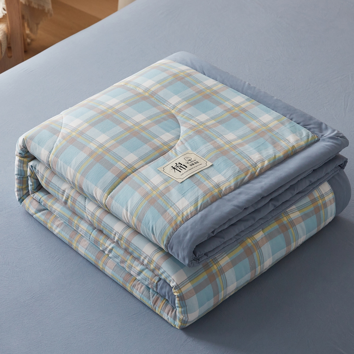 91家纺网 家纺一手货源 找家纺 帕芬鸟家纺 2026新款100%棉花夏凉被空调被夏被四件套-格子系列 格韵蓝黄