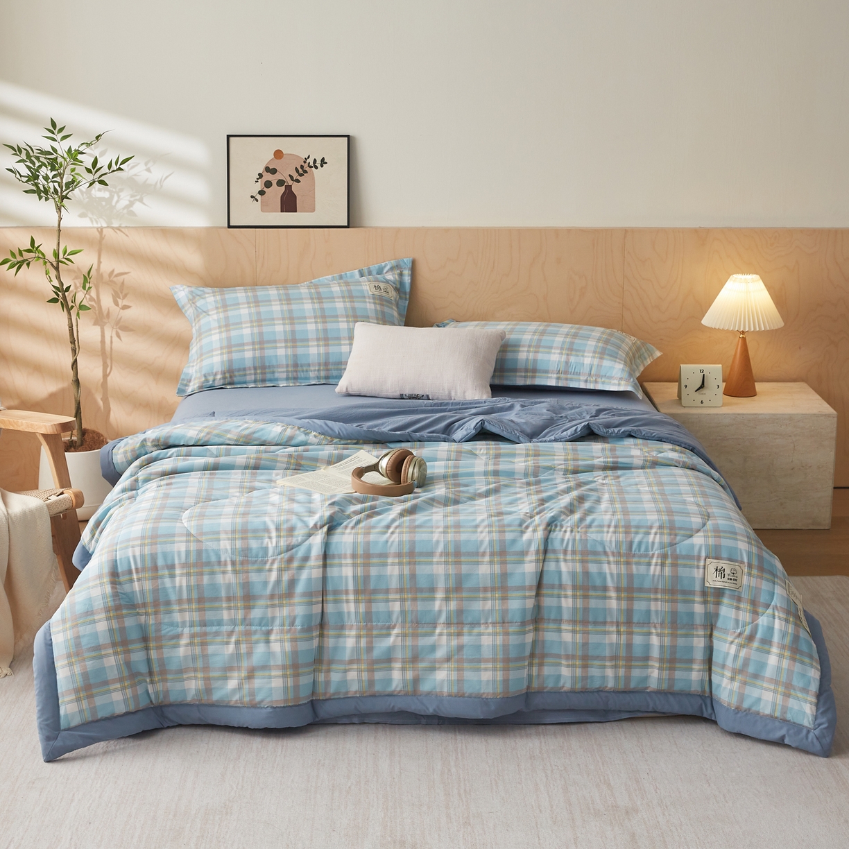91家纺网 家纺一手货源 找家纺 帕芬鸟家纺 2026新款100%棉花夏凉被空调被夏被四件套-格子系列 格韵蓝黄