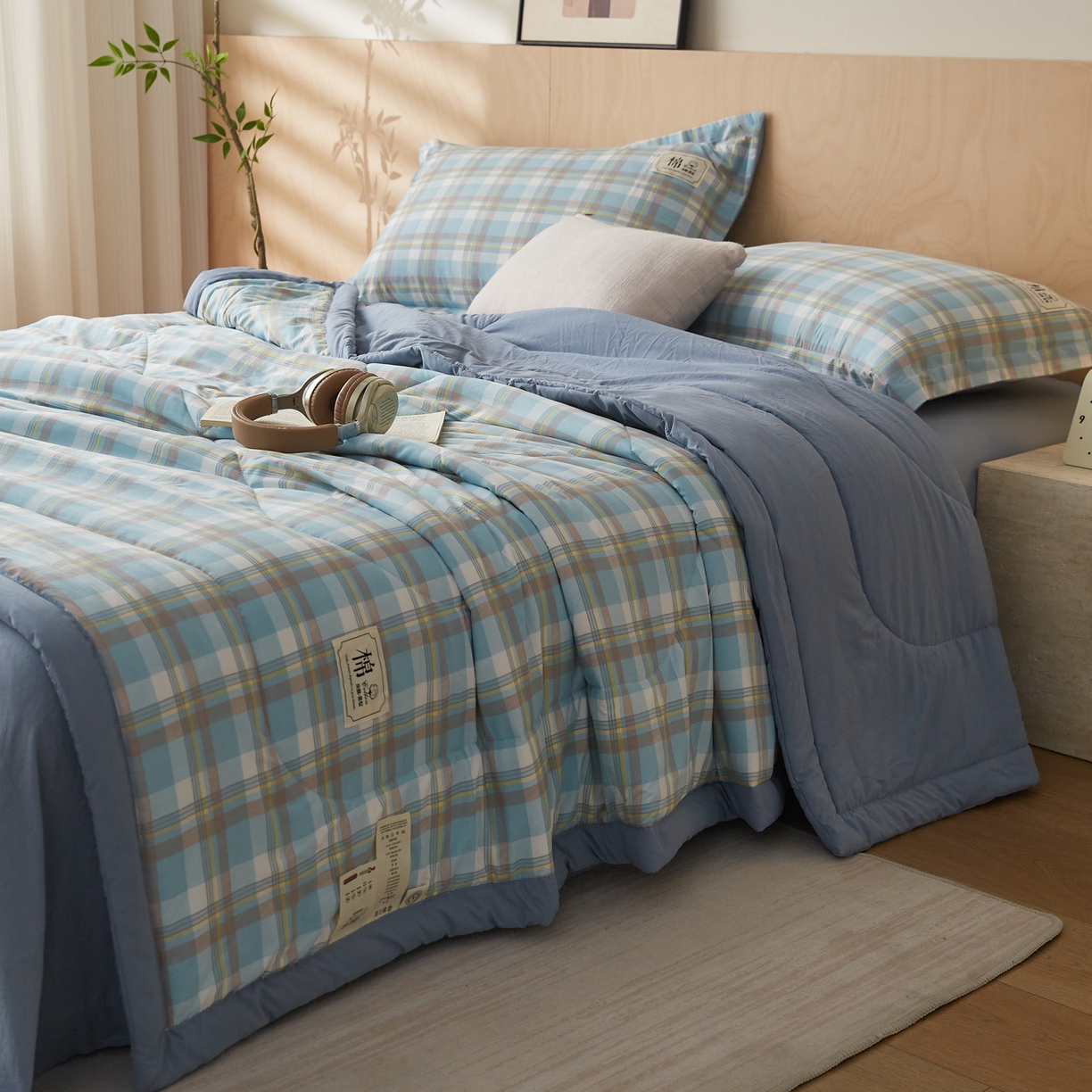 91家纺网 家纺一手货源 找家纺 帕芬鸟家纺 2026新款100%棉花夏凉被空调被夏被四件套-格子系列 格韵蓝黄