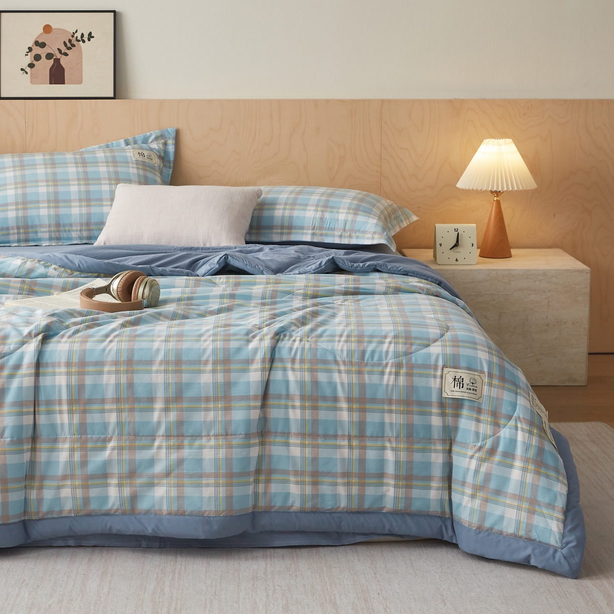 91家纺网 家纺一手货源 找家纺 帕芬鸟家纺 2026新款100%棉花夏凉被空调被夏被四件套-格子系列 格韵蓝黄