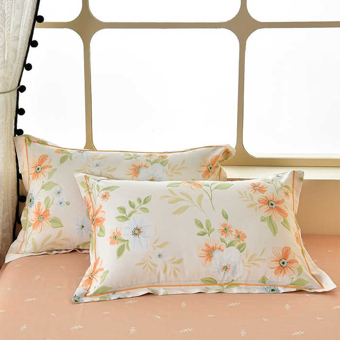 91家纺网 家纺一手货源 找家纺 绘萱家居 2026直播爆款一字绣吊边款纯棉100%全棉四件套印花百分百（喷气高品质） 橙花入梦