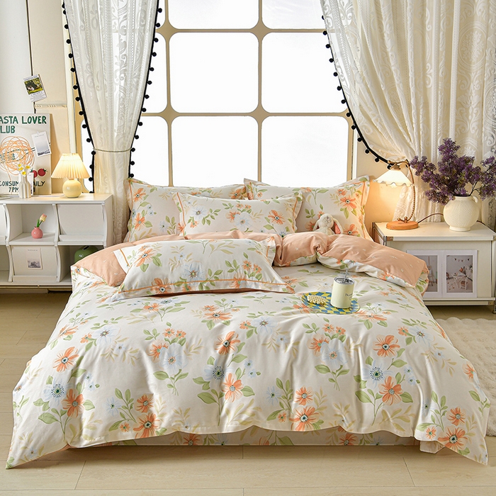 91家纺网 家纺一手货源 找家纺 绘萱家居 2026直播爆款一字绣吊边款纯棉100%全棉四件套印花百分百（喷气高品质） 橙花入梦