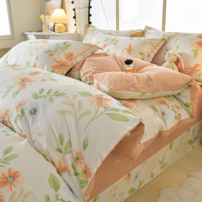 绘萱家居 2026直播爆款一字绣吊边款纯棉100%全棉四件套印花百分百（喷气高品质） 橙花入梦