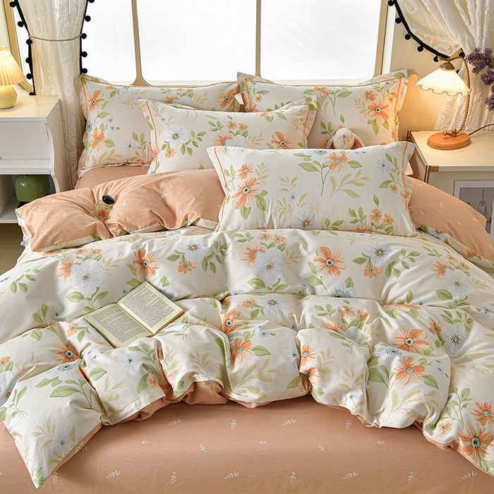 91家纺网 家纺一手货源 找家纺 绘萱家居 2026直播爆款一字绣吊边款纯棉100%全棉四件套印花百分百（喷气高品质） 橙花入梦