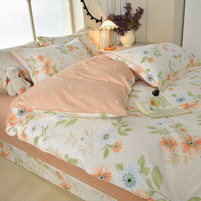 91家纺网 家纺一手货源 找家纺 绘萱家居 2026直播爆款一字绣吊边款纯棉100%全棉四件套印花百分百（喷气高品质） 橙花入梦