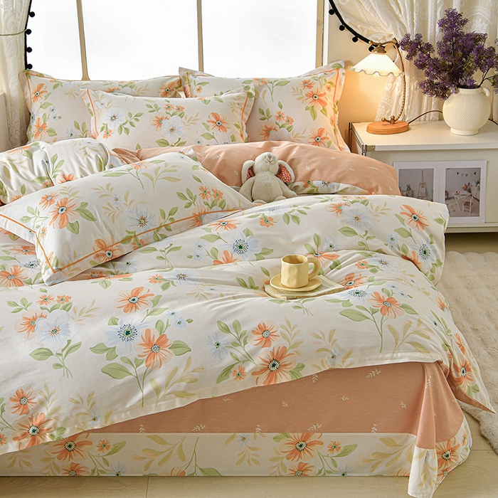 91家纺网 家纺一手货源 找家纺 绘萱家居 2026直播爆款一字绣吊边款纯棉100%全棉四件套印花百分百（喷气高品质） 橙花入梦