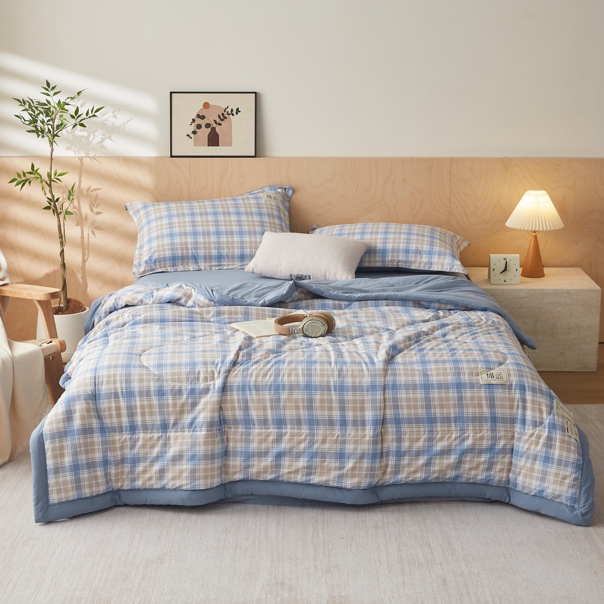 91家纺网 家纺一手货源 找家纺 帕芬鸟家纺 2026新款100%棉花夏凉被空调被夏被四件套-格子系列 蓝灰格