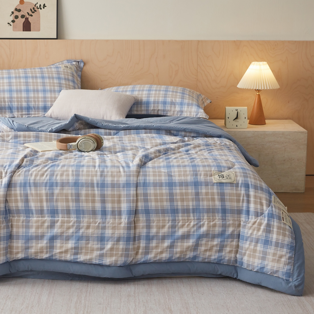 91家纺网 家纺一手货源 找家纺 帕芬鸟家纺 2026新款100%棉花夏凉被空调被夏被四件套-格子系列 蓝灰格
