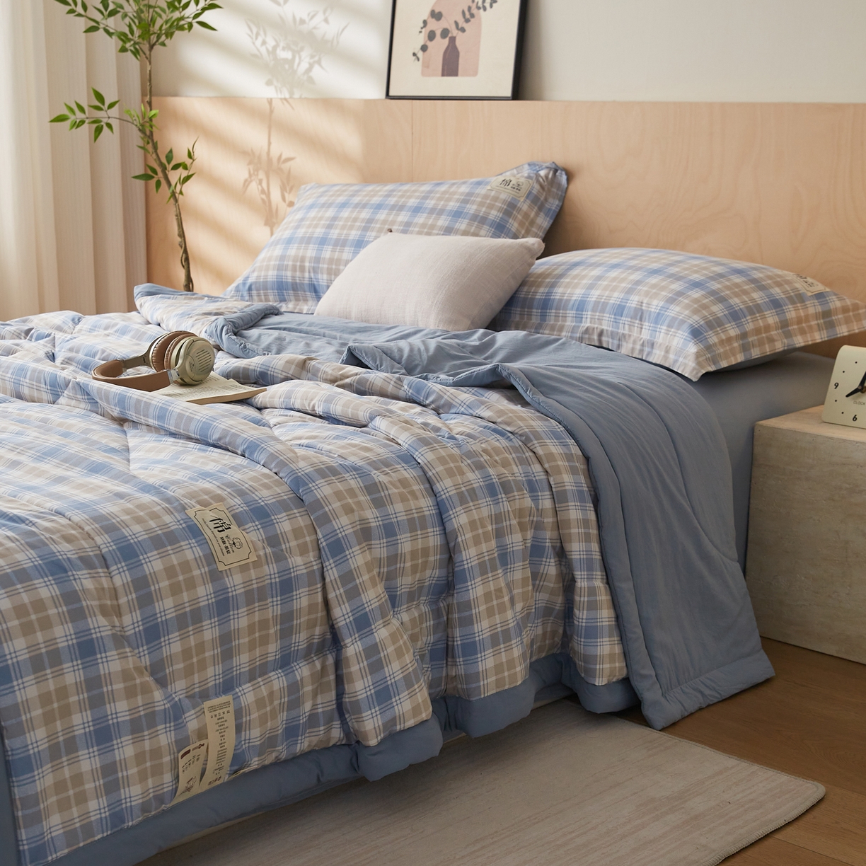 91家纺网 家纺一手货源 找家纺 帕芬鸟家纺 2026新款100%棉花夏凉被空调被夏被四件套-格子系列 蓝灰格