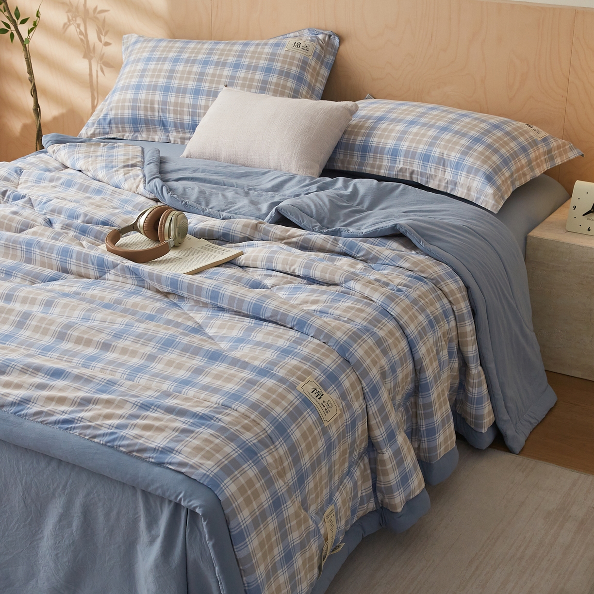 91家纺网 家纺一手货源 找家纺 帕芬鸟家纺 2026新款100%棉花夏凉被空调被夏被四件套-格子系列 蓝灰格