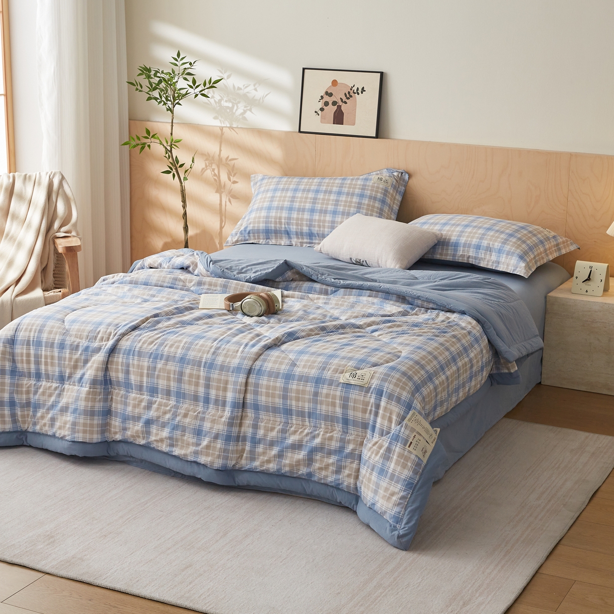 91家纺网 家纺一手货源 找家纺 帕芬鸟家纺 2026新款100%棉花夏凉被空调被夏被四件套-格子系列 蓝灰格