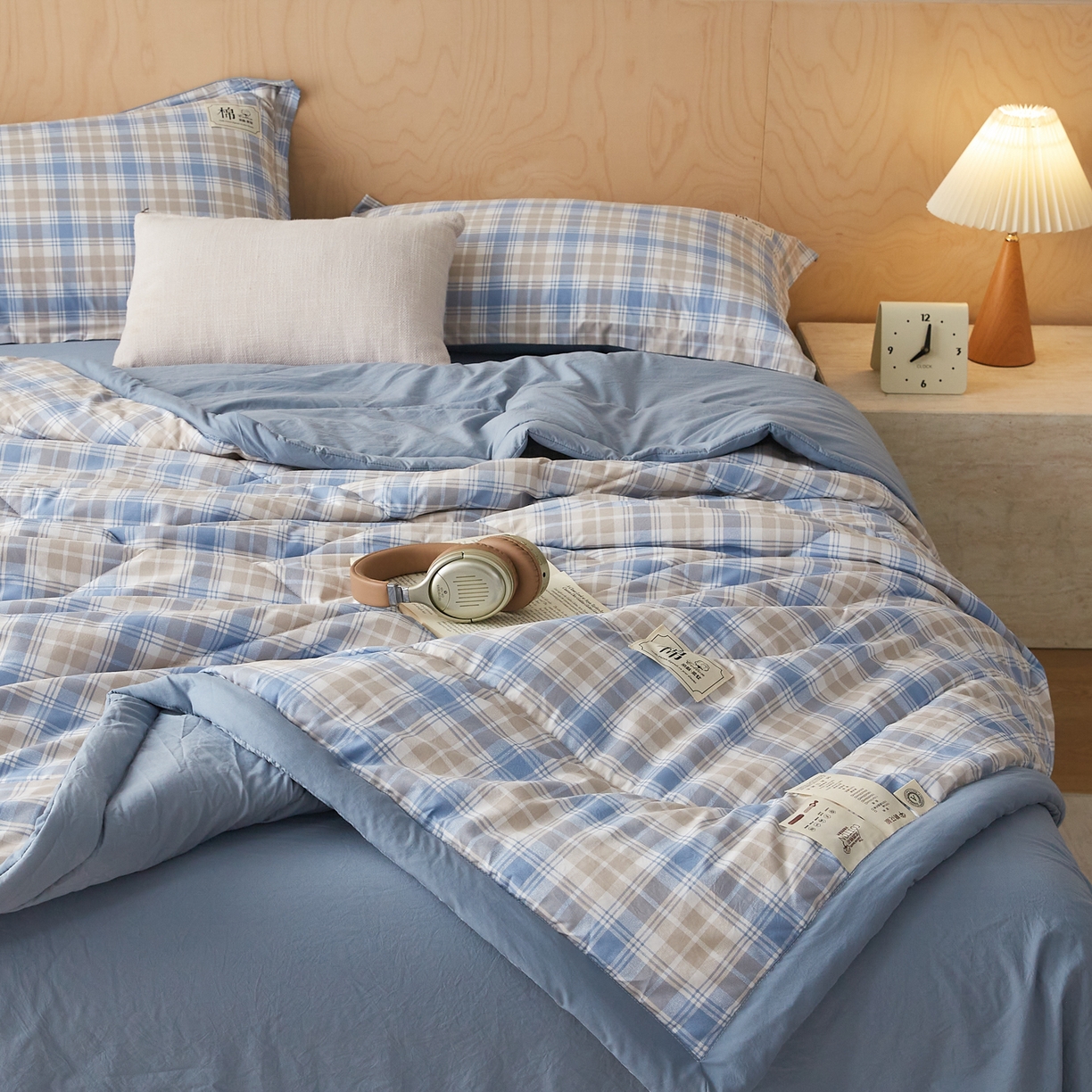 91家纺网 家纺一手货源 找家纺 帕芬鸟家纺 2026新款100%棉花夏凉被空调被夏被四件套-格子系列 蓝灰格