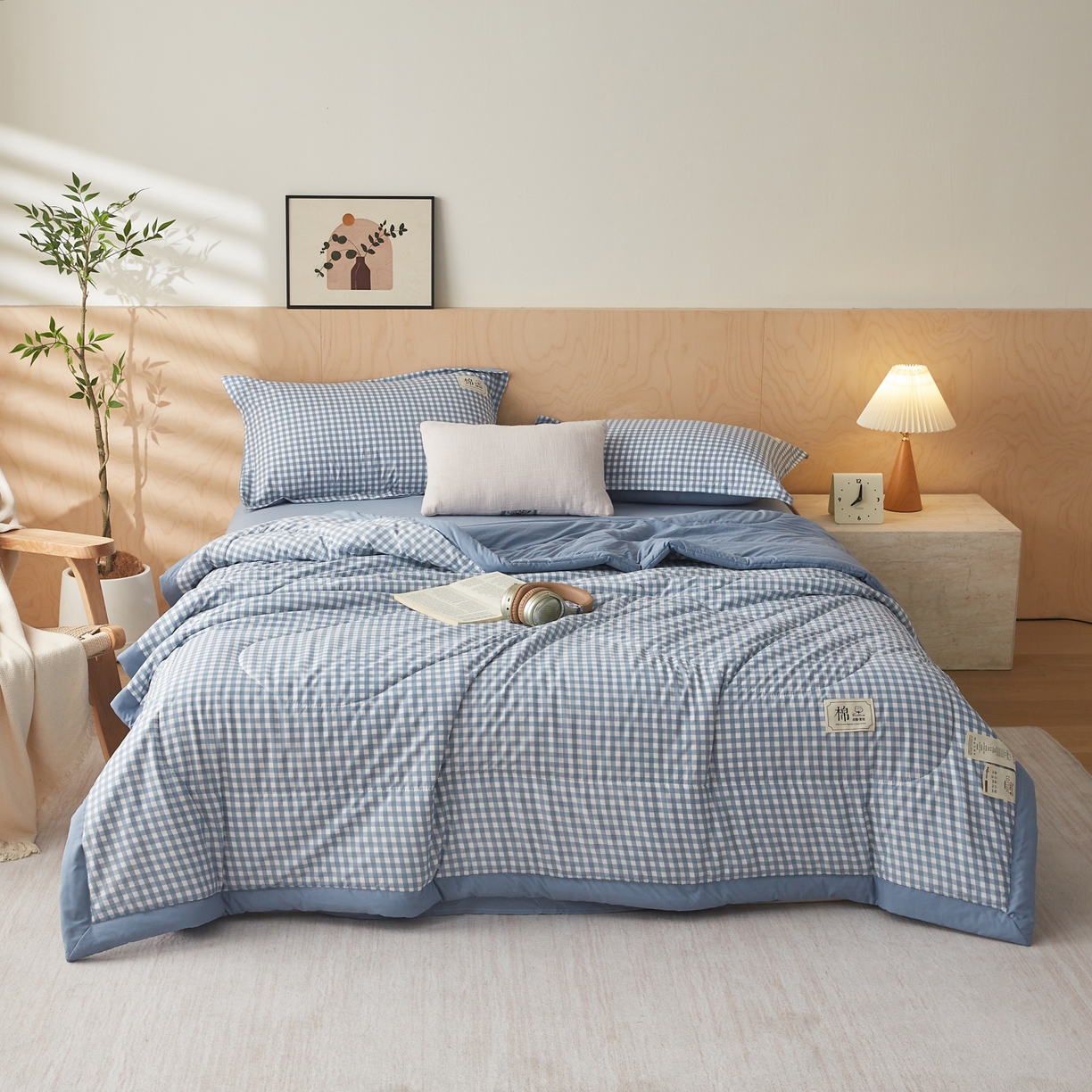 91家纺网 家纺一手货源 找家纺 帕芬鸟家纺 2026新款100%棉花夏凉被空调被夏被四件套-格子系列 蓝小格
