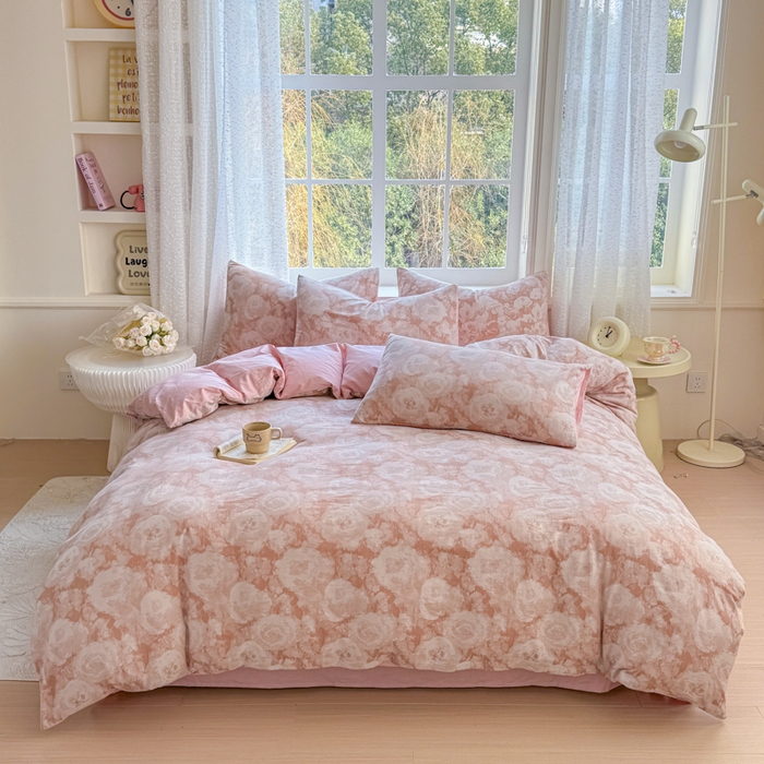 91家纺网 家纺一手货源 找家纺 疆东 疆东2026新款60支A类全棉长绒棉纯棉色织大提花四件套水洗全棉纯棉厚织色织提花肌理被套四件套单品 云裳粉