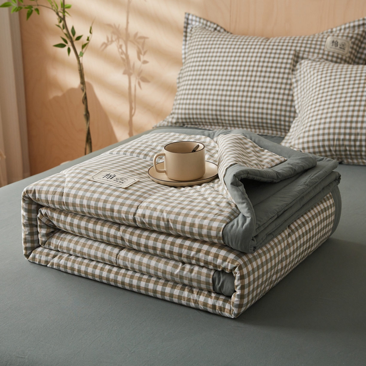 91家纺网 家纺一手货源 找家纺 帕芬鸟家纺 2026新款100%棉花夏凉被空调被夏被四件套-格子系列 绿小格