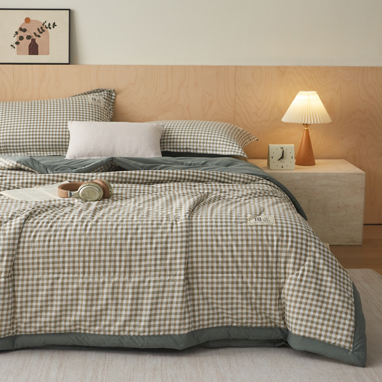 91家纺网 家纺一手货源 找家纺 帕芬鸟家纺 2026新款100%棉花夏凉被空调被夏被四件套-格子系列 绿小格
