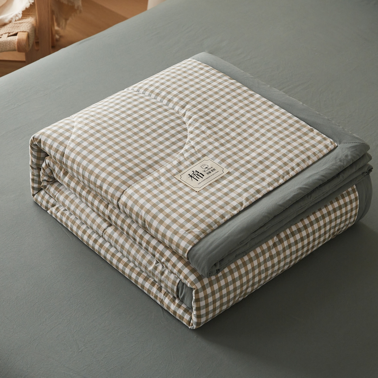 91家纺网 家纺一手货源 找家纺 帕芬鸟家纺 2026新款100%棉花夏凉被空调被夏被四件套-格子系列 绿小格