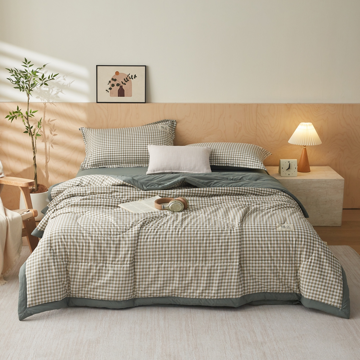 91家纺网 家纺一手货源 找家纺 帕芬鸟家纺 2026新款100%棉花夏凉被空调被夏被四件套-格子系列 绿小格