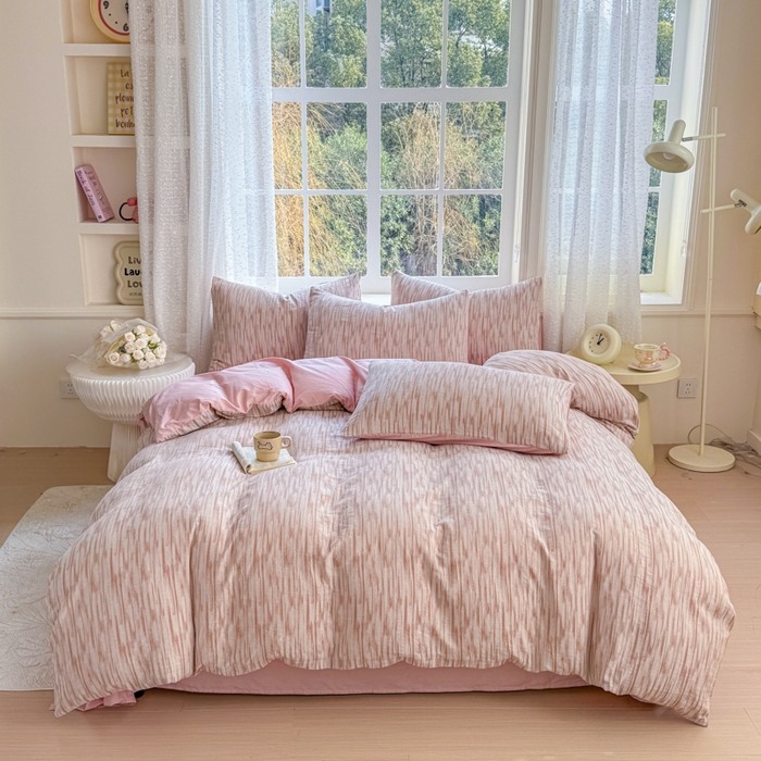 91家纺网 家纺一手货源 找家纺 疆东 疆东2026新款60支A类全棉长绒棉纯棉色织大提花四件套水洗全棉纯棉厚织色织提花肌理被套四件套单品 光影粉