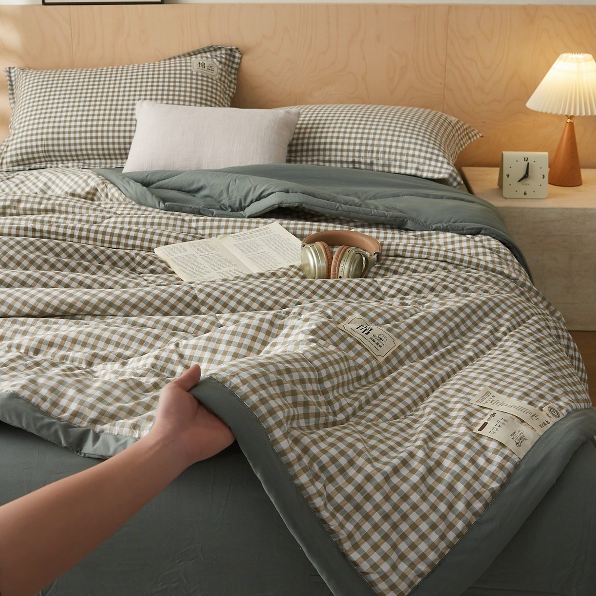 91家纺网 家纺一手货源 找家纺 帕芬鸟家纺 2026新款100%棉花夏凉被空调被夏被四件套-格子系列 绿小格