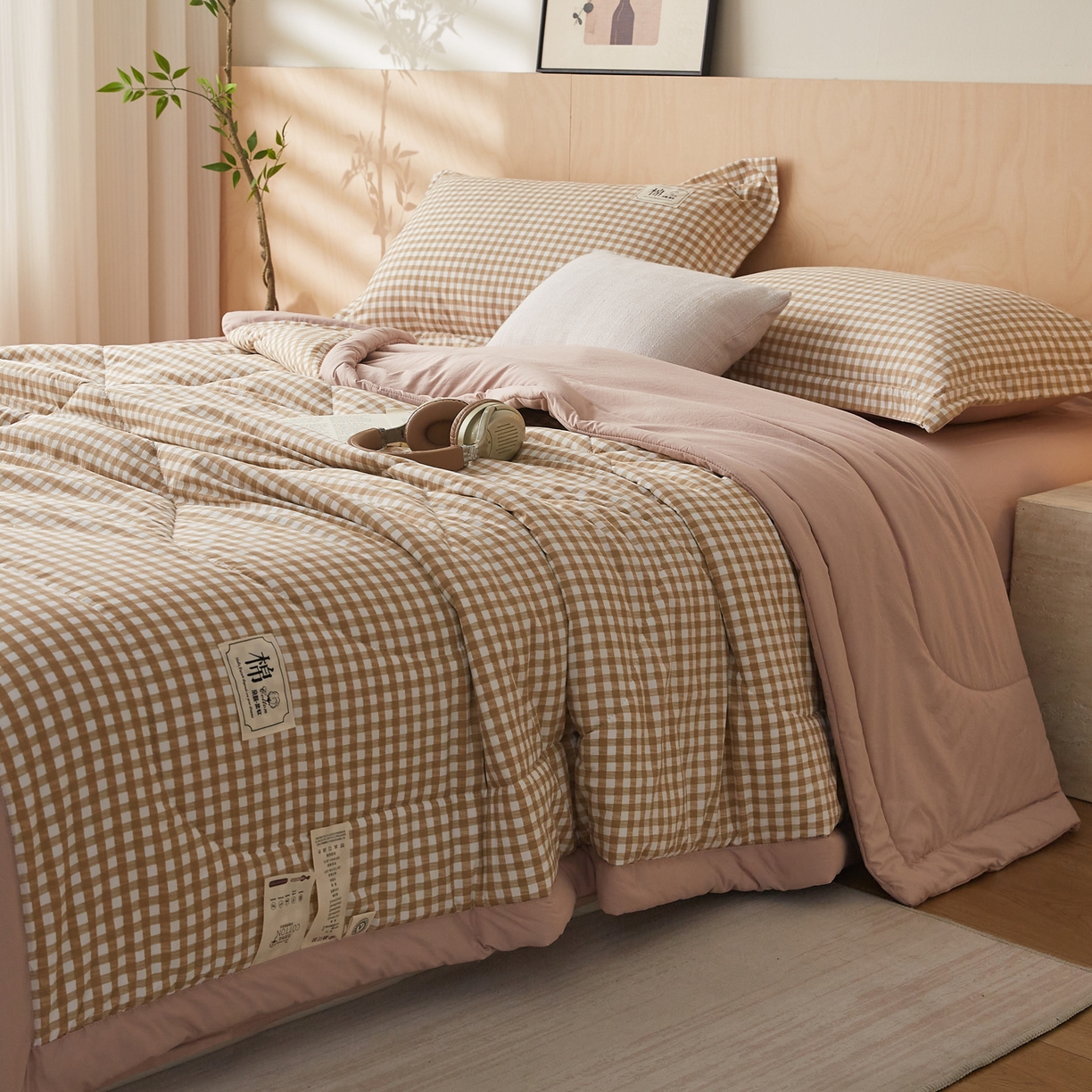91家纺网 家纺一手货源 找家纺 帕芬鸟家纺 2026新款100%棉花夏凉被空调被夏被四件套-格子系列 米小格