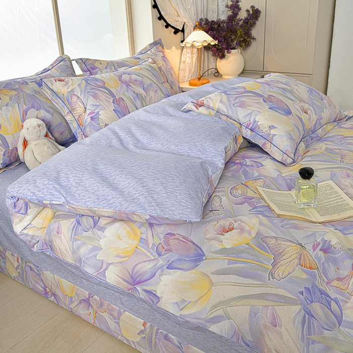 91家纺网 家纺一手货源 找家纺 绘萱家居 2026直播爆款一字绣吊边款纯棉100%全棉四件套印花百分百（喷气高品质）花间私语