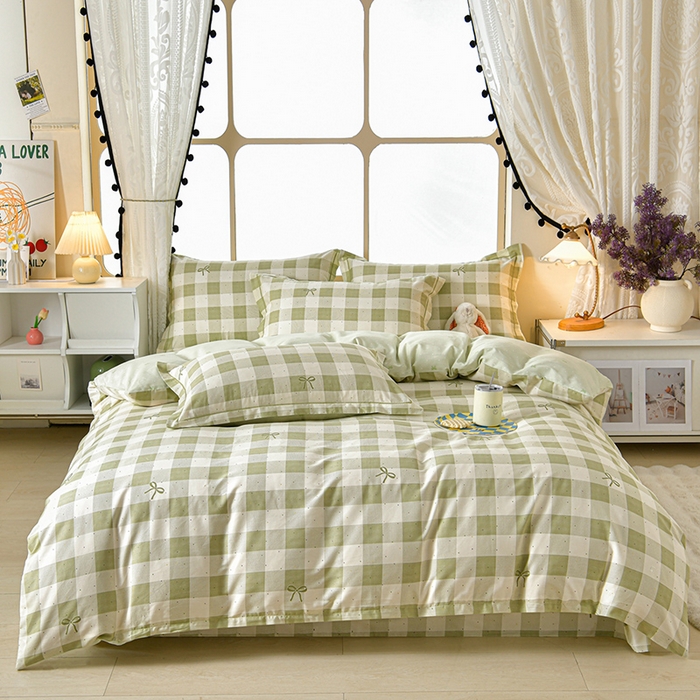 91家纺网 家纺一手货源 找家纺 绘萱家居 2026直播爆款一字绣吊边款纯棉100%全棉四件套印花百分百（喷气高品质）芥绿蝴蝶结