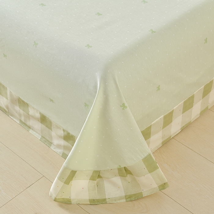 91家纺网 家纺一手货源 找家纺 绘萱家居 2026直播爆款一字绣吊边款纯棉100%全棉四件套印花百分百（喷气高品质）芥绿蝴蝶结