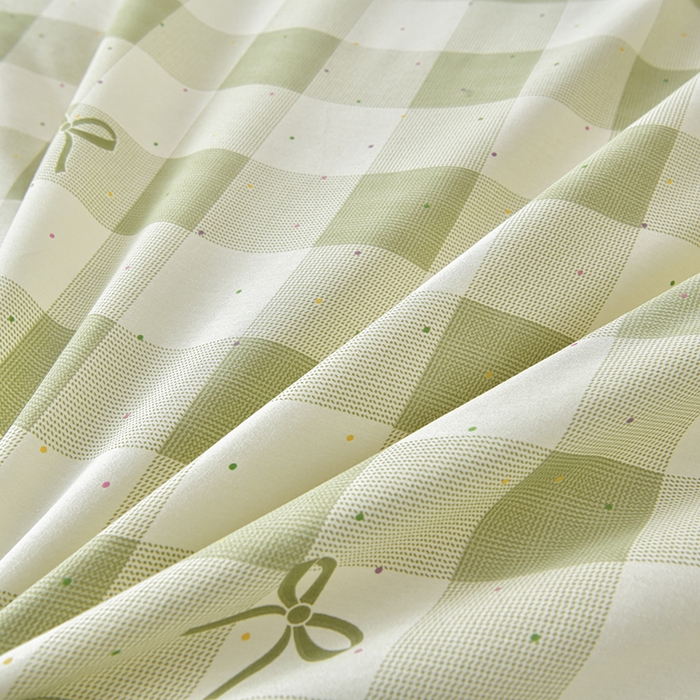 91家纺网 家纺一手货源 找家纺 绘萱家居 2026直播爆款一字绣吊边款纯棉100%全棉四件套印花百分百（喷气高品质）芥绿蝴蝶结