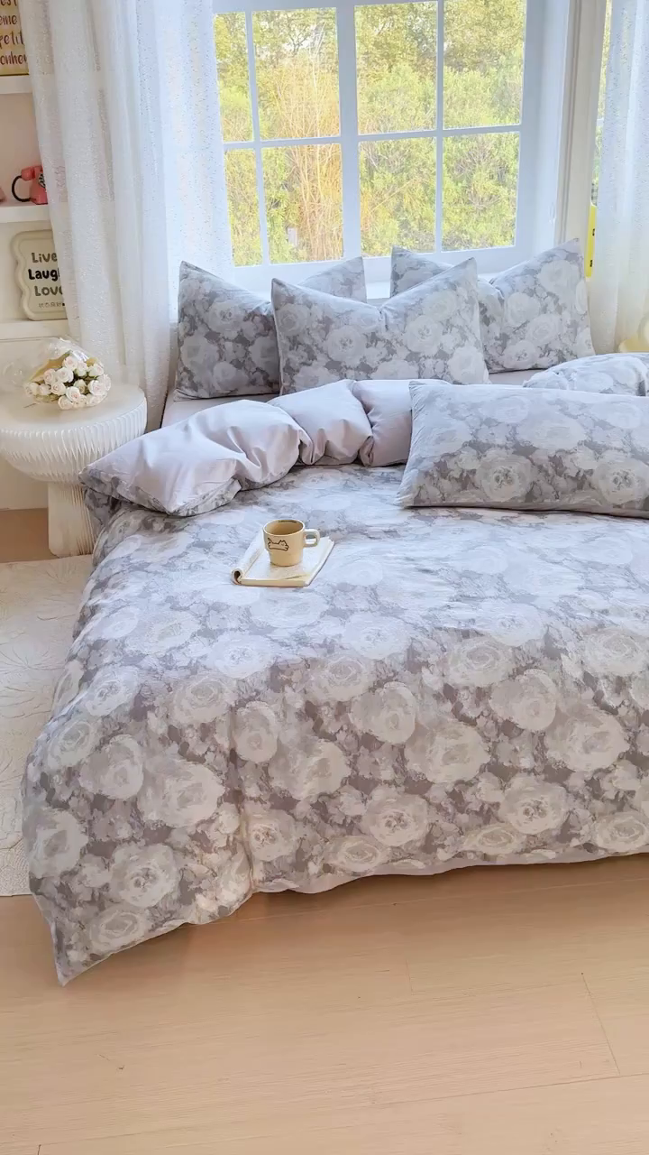 91家纺网 家纺一手货源 找家纺 疆东 疆东2026新款60支A类全棉长绒棉纯棉色织大提花四件套水洗全棉纯棉厚织色织提花肌理被套四件套单品 云裳灰