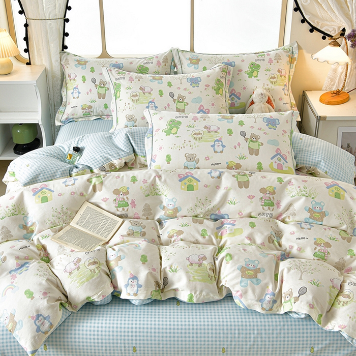 91家纺网 家纺一手货源 找家纺 绘萱家居 2026直播爆款一字绣吊边款纯棉100%全棉四件套印花百分百（喷气高品质）妙趣乐园