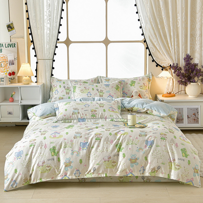 91家纺网 家纺一手货源 找家纺 绘萱家居 2026直播爆款一字绣吊边款纯棉100%全棉四件套印花百分百（喷气高品质）妙趣乐园