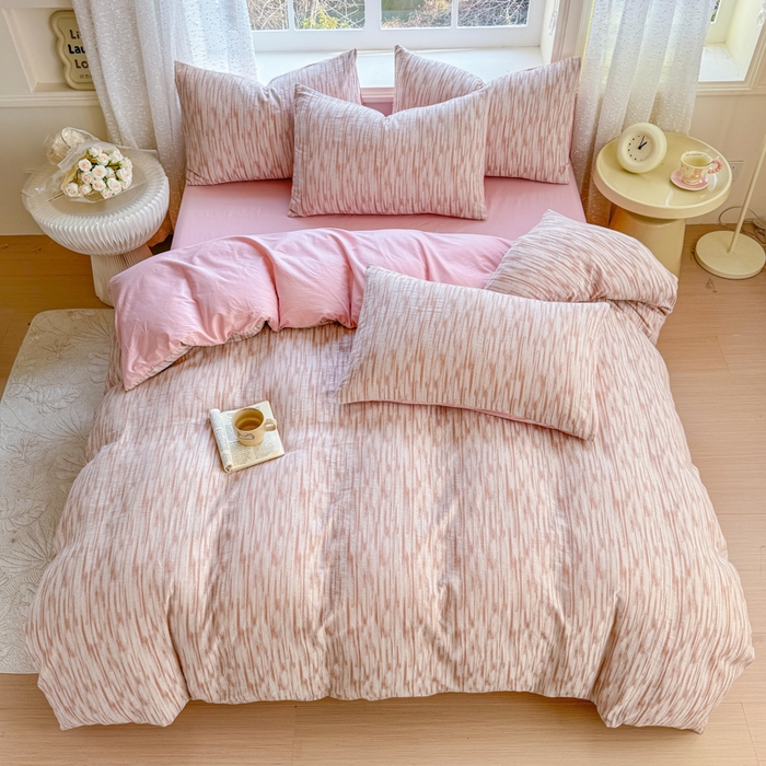 91家纺网 家纺一手货源 找家纺 疆东 疆东2026新款60支A类全棉长绒棉纯棉色织大提花四件套水洗全棉纯棉厚织色织提花肌理被套四件套单品 光影粉